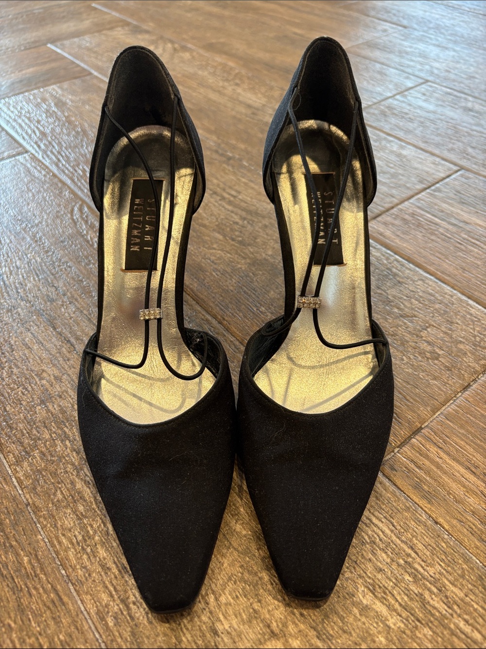 Stuart Weitzman Black Satin Pointed D'Orsay Heels with Rhinestone Accent